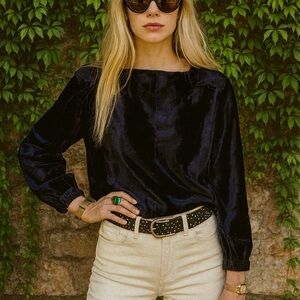 PORTSPURE Midnight Blue Velvet Long Sleeve  Blouse, 38/S